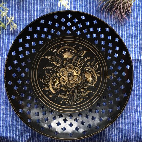 Black Dark Academia Goth Brass Floral Vintage Dish Catch All Floral Cutout Metal - Picture 1 of 10